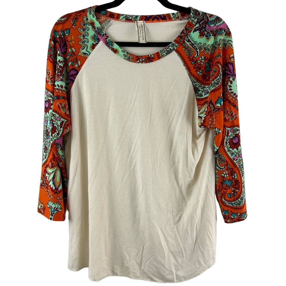 Womens Giddy Up Glamour L Paisley Print Baseball Sleeve Tunic Top 3/4 Sleeves
